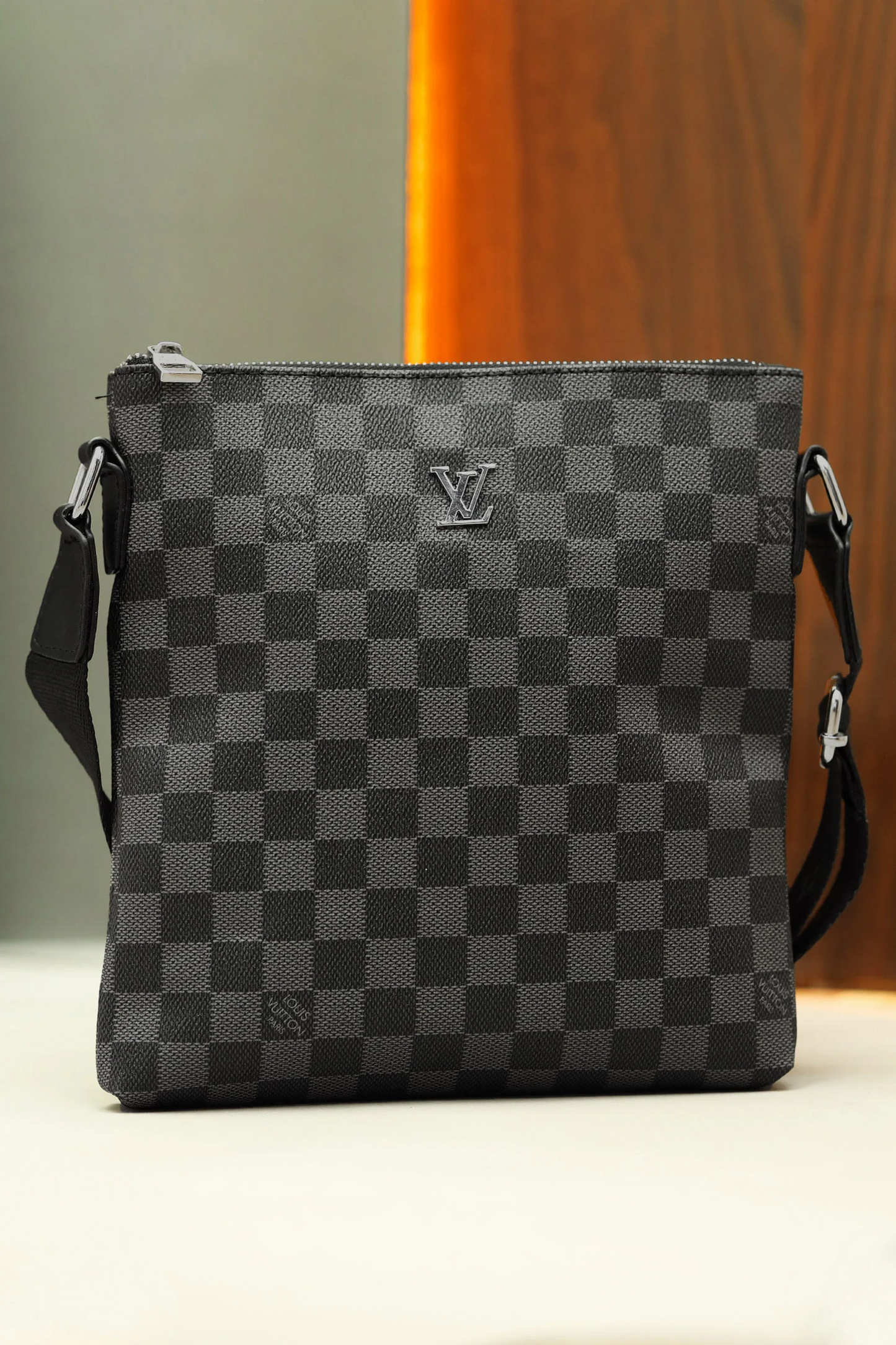 LV Signature Pattern PU Leather Cross - Black