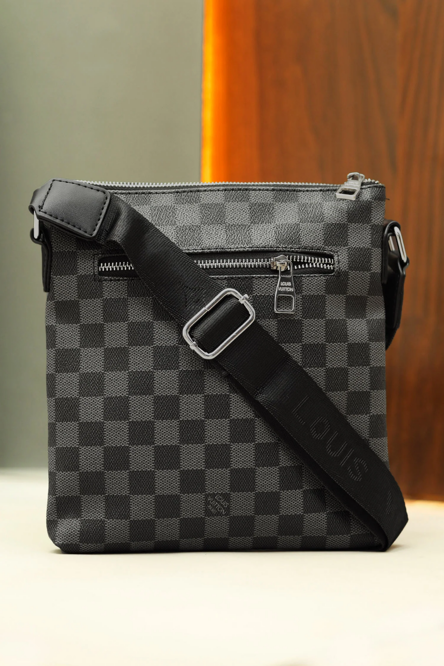 LV Signature Pattern PU Leather Cross - Black